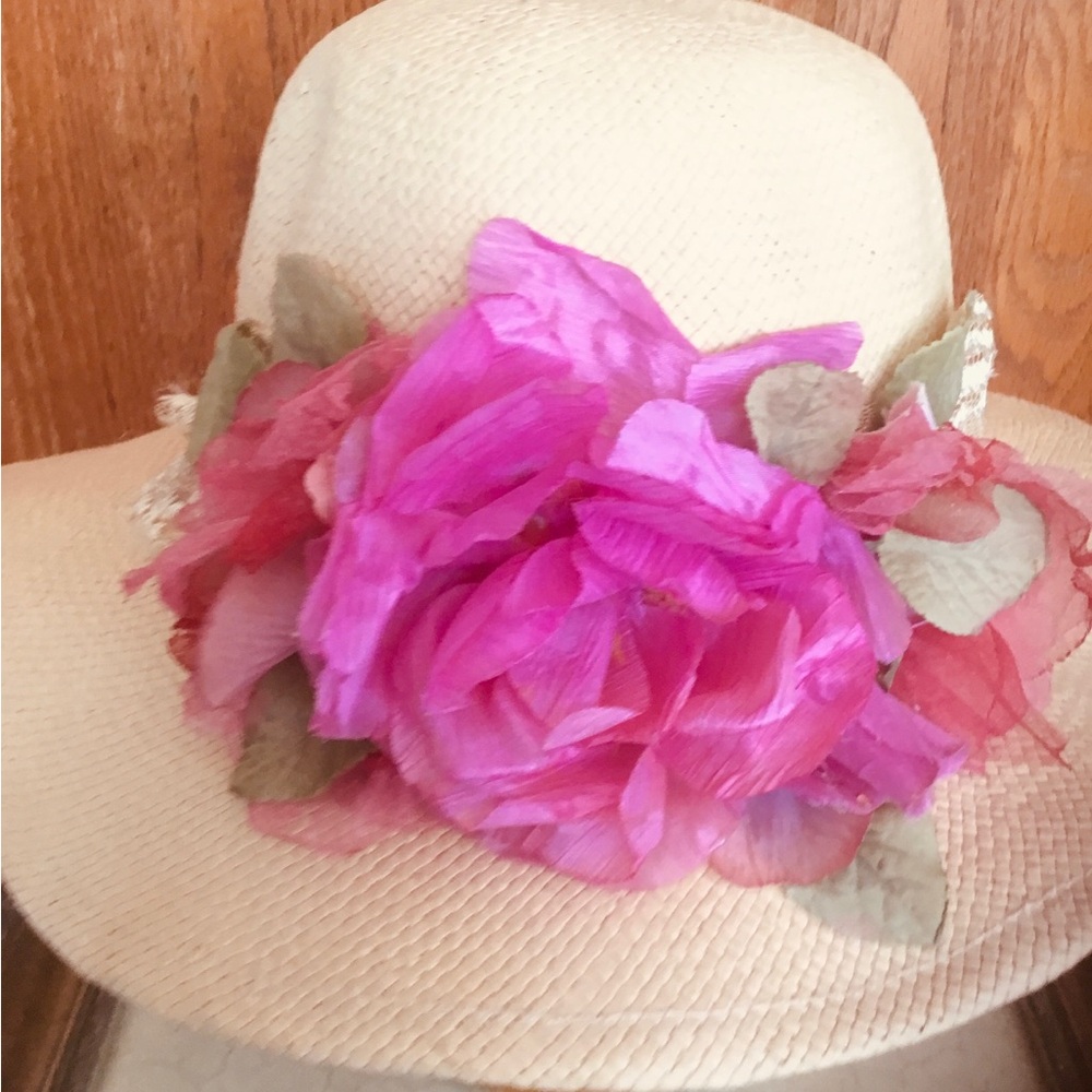 Elena Collection Straw Sun Hat with Pink Floral Trim